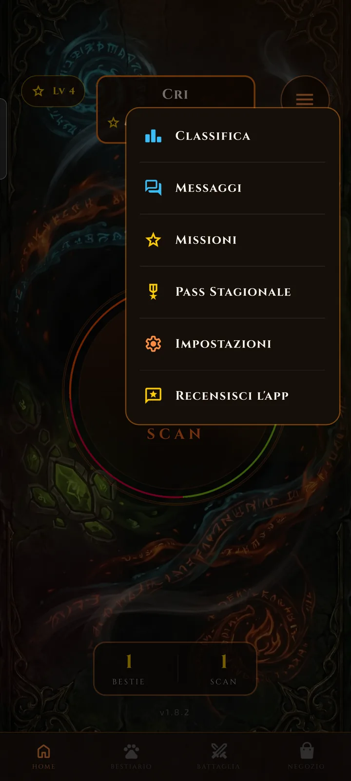 Home screen with the main menu open